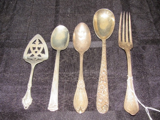 Sterling Lot - E.Y. Haynes Co. 'LEC' Etched Fork, S. Kirk & Sons Co. 316 Floral Pattern Spoon