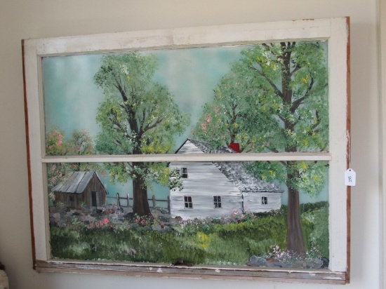 Hand Painted on Glass Home/Tree Scene Wooden Window Frame