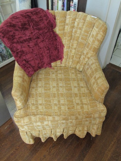 Orange Upholstery Scallop Back Arm Chair Narrow Wooden Legs