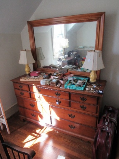 Wooden Spain 10 Drawer Dresser w/ Back Mirror, Black Metal Batwing Pulls, Bracket Feet