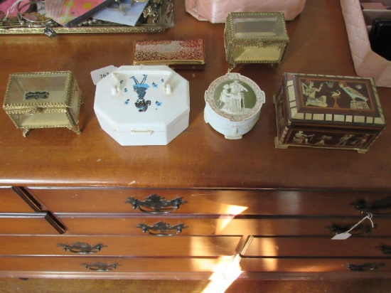 Trinket Box Lot - Wedgwood Style Ceramic, Wooden Enameled Egypt Motif