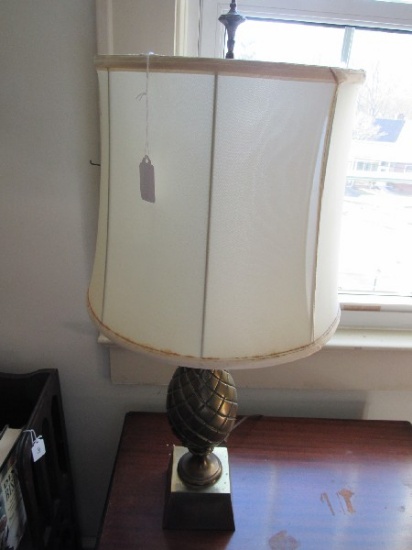 Brass Pineapple Body, Brass Base Lamp w/ White Shade, Finial Top