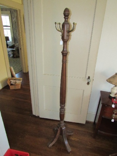 Wooden Tall Spindle Design Coat Hanger w/ 4 Curved Legs, 4 Brass Pegs