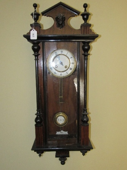 Wooden Wall Mantle Clock, R.A. on Pendulum, Grooved/Spindle Columns, Spindle Finials