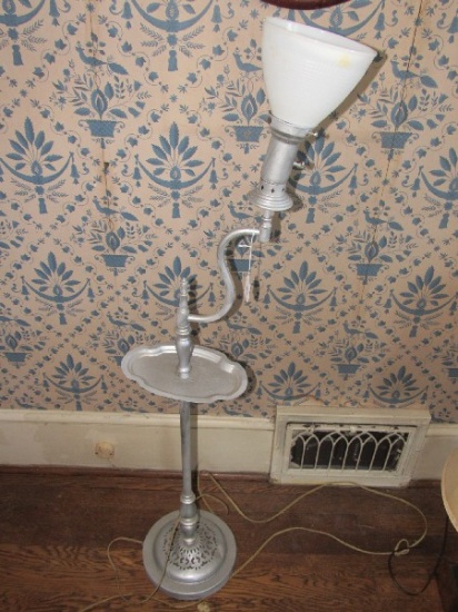 Tall Metal Spindle, Curved Neck Lamp Pierced Base, Milk Glass Shade