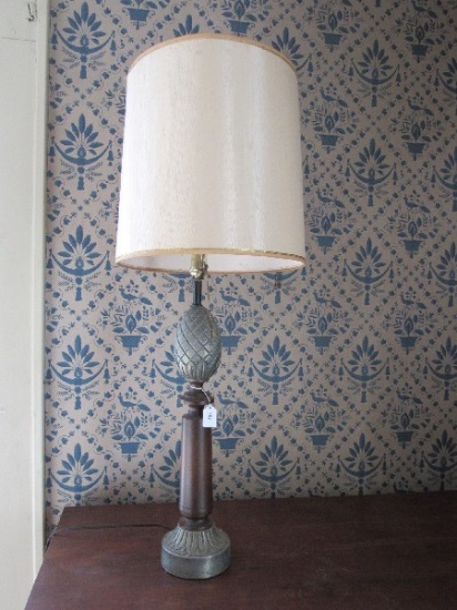 Tall Metal Base, Wooden Column, Metal Pineapple Lamp w/ Tall Shade