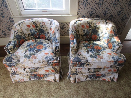 Pair - Floral Upholstered Chairs Curved Back, Wooden Feet