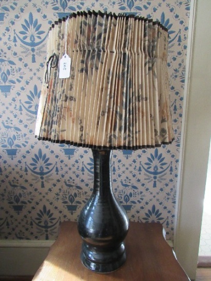 Wide Body to Narrow Neck Black Ceramic Lamp w/ Floral Pattern Shade