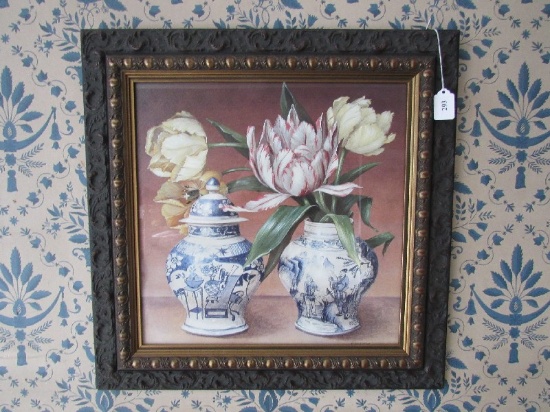 Blue Asian Jars w/ Flowers Picture Print Ornate Carved Acanthus Wood Frame/Matt