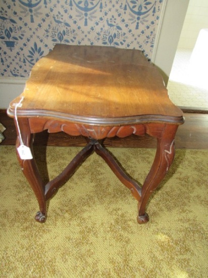 Wooden Side Table Carved/Floral Cut Design Scroll Feet w/ Stretchers, Curved Sides
