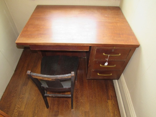 Wooden Work Desk 4 Drawers w/ Pull-Out Writing Shelf, 1 Dark Wooden Chair