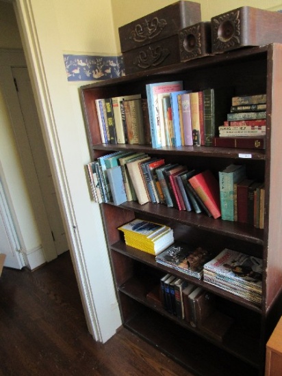 5-Tier Wooden Shelving w/ Contents Bible, Agatha Christie, National Geographic