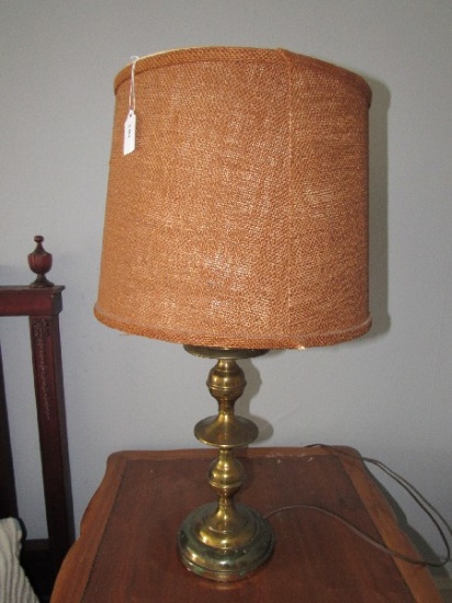 Tall Metal/Brass Spindle Design Lamp w/ Shade Cloth Fabric Red Shade w/ Finial