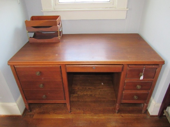 Wooden Alma Desk 4 Drawers, 1 Door w/ Shelf, Brass Pulls, 1 Pull-Out
