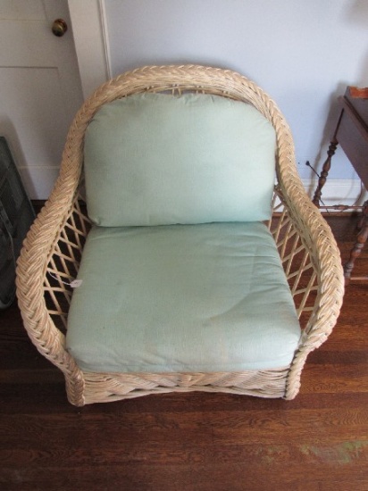 White Wicker Cross Design Chair w/ Blue Upholstered Seat Arch Back