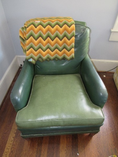 Green Upholstered Arm Chair Narrow Wooden Legs