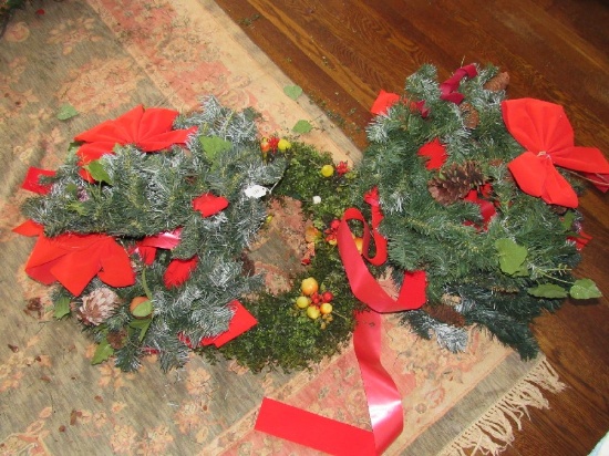 5 Green Wraths w/ Red Bow/Faux Pine Cones, Etc.