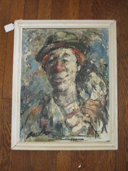 Hand Painted Smiling Clown Oil on Canvas in Wooden White Frame/Matt