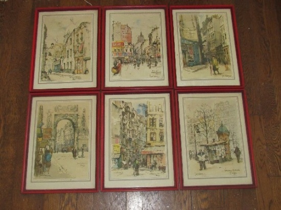 6 Picture Prints by Inn Korthall European Street scenes in Red Wood Frames/Matt