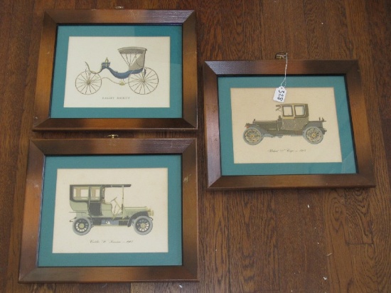 3 Vintage Cars Picture Prints 1902, 1913, Light Brett in Wooden Frames/Matt