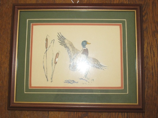 Hand Painted Mallard in Flight Picture in Wooden Frame/Matt