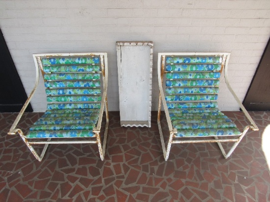 2 White Metal Patio Chairs Blue Pattern Upholstered