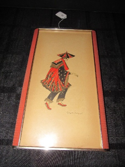Vintage Hand Drawn/Painted Asian Man Artist Signed Red Rubber Sides w/ Matt
