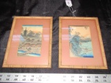 Pair - Wooden Bamboo Frame Japan Picture Prints w/ Matts