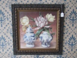 Blue Asian Jars w/ Flowers Picture Print Ornate Carved Acanthus Wood Frame/Matt