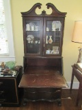Wooden Tall Secretary Broken Scroll Pediment 2 Glass Doors, 3 Inlay Shelves