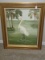 Realistic Original Artwork White Heron Bird Wading in Water Palm Trees Background