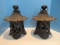 Pair - Cast Iron Pagoda Lantern Pierced Cherry Blossom Panels Design Weathered Patina