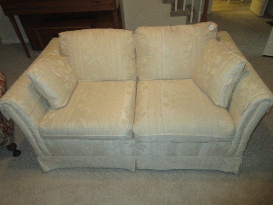 Pem-Kay Furniture Co. Inc. Transitional Modern Formal Love Seat w/ Rolled Arms Pleated Skirt
