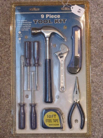 9 Piece - Tool Kit 4 Screw Drives, Claw Hammer, Long Nose Pliers, Etc.