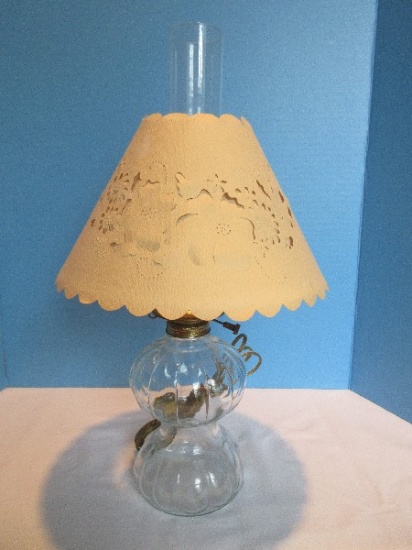 Pressed Glass Ribbed Design Converted Oil 18 1/2" Lamp w/ Cut Pierced Floral Spray Shade