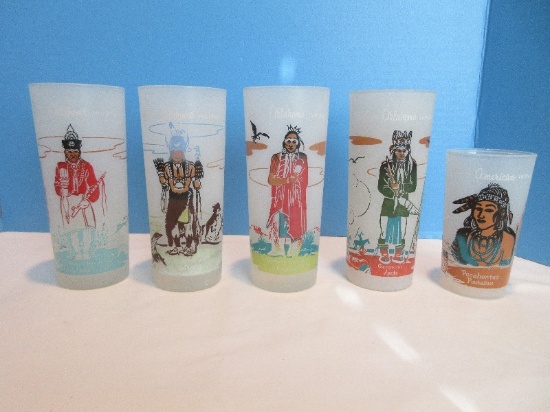 Set - 4 Famous Oklahoma Indian Frosted Glass 6 3/4" Tumblers Osage, Apache, Kiowa