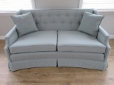 Formal Modern Curved Love Seat w/ Tufted Back, 2 Accent Pillows & Pleated Skirt