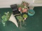 Planter Lot - Wicker Cornucopia, Metal Ornate Planter, Brass, Etc. w/ Faux Flowers