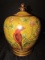 Tall/Wide Yellow Ceramic Urn Vase w/ Lid Red Cardinal Motif on 4 Scallop Legs