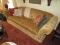Upholstered Scroll/Floral Pattern Long Couch w/ Curled Arms Wood Feet
