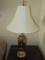 Tall Urn Design Brass Lamp Flower/Tassel Pattern Bead Trim w/ White Shade Scallop Top