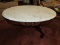 White Marble Oval Top Wood Base Side Table Floral Carved Trim, Scroll Feet