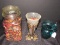 Tall Jar w/ Pot Pourri, Crackle Glass w/ Pot Pourri on Brass Stand, Blue Glass Pitcher