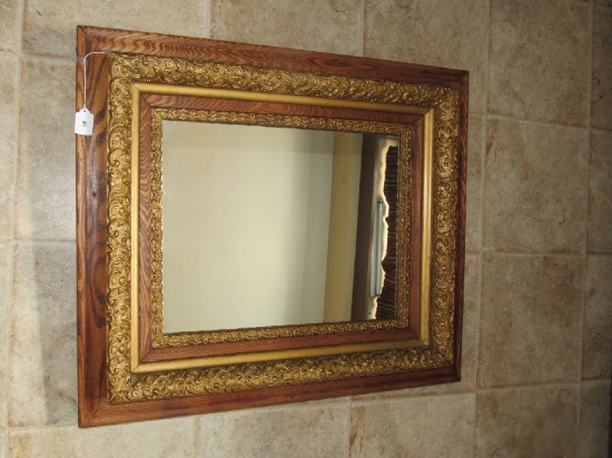 Vintage Ornate Wall Mounted Mirror Wood Frame w/ Gilded Scroll Embellishment