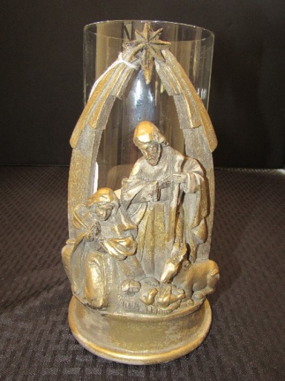 Jesus in Manger Gilded Ceramic Votive Candle Holder