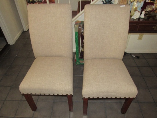 Pair - Gray Upholstered Pin-Trim Chairs on Wooden Legs