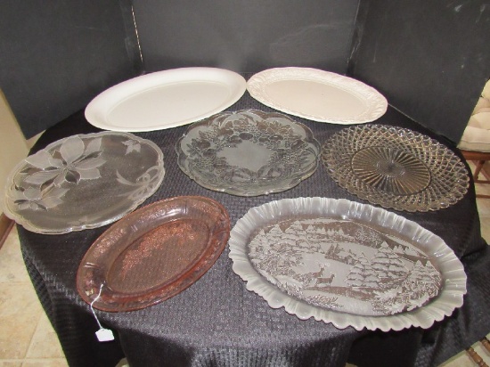 Lot - Pink Oval Platter, Floral Etched, Glass Platters, Ceramic Floral Patterns, Etc.