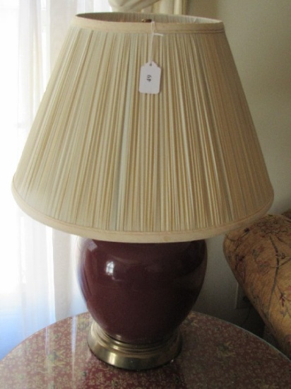 Large Urn-Design Maroon Ceramic Lamp Brass Base w/ Shade