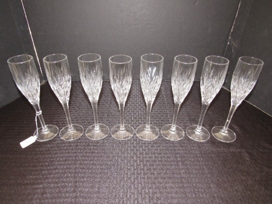 8 Clear Crystal Champagne Glasses Fan/Leaf Cut Pattern