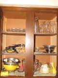 Cabinet Lot - Measuring Cups, Sifter, Glass Cups, Egg Plate, Etc.